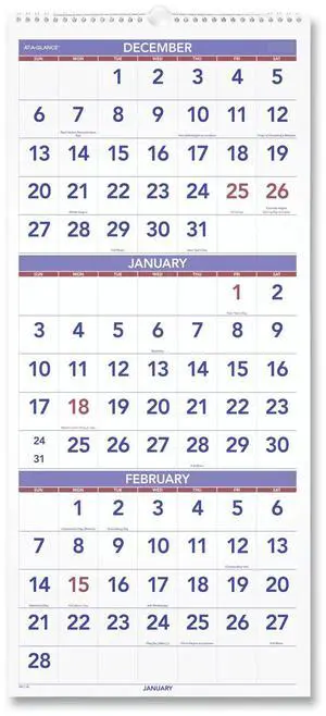 AT-A-GLANCE® 2026 Three Month Reference Vertical Wall Calendar, Large, 12" x 27"