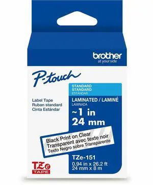 Brother Genuine TZe151~1" Black Print on Clear Label Tape
