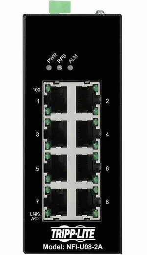 Tripp Lite 8-Port Unmanaged Industrial Ethernet Switch - 10/100 Mbps, Ruggedized, -40° to 75°C, EIP QoS, DIN Mount - 8 Ports - Fast Ethernet - 10/100Base-T - TAA Compliant - 2 Layer Su