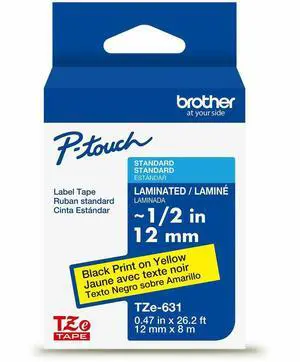 Brother Genuine P-Touch TZE-631 Tape, 1/2" (0.47") Standard Laminated P-Touch Tape, Black on Yellow, Laminated for Indoor or Outdoor Use, Water Resistant, 26.2 Feet (8M)