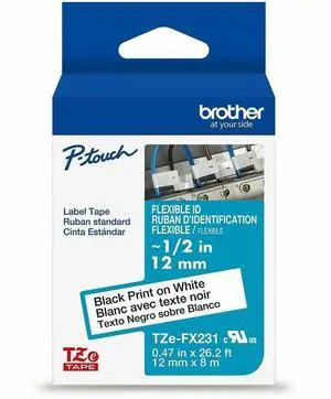 Brother Genuine P-touch TZeFX231 BK on WHT Label Tape Flexible ID Laminated 12mmX8m TZEFX231G