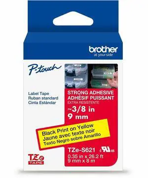 Brother Genuine P-touch TZeS621 BK on YL Label Tape Strong Adhesive Lam. 9mmX8m