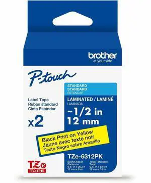 Brother Genuine P-touch TZe6312PK BK on YL Label Tapes Laminated 12mmX8m each