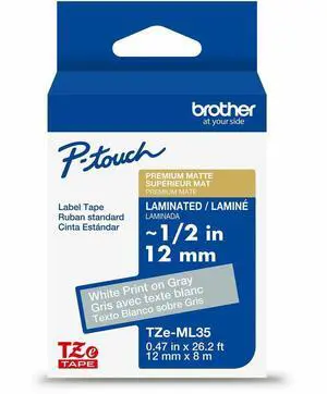Brother Genuine P-touch TZeML35 WHT on GRY Label Tape Premium Matte Laminated 12mmX8m TZEML35G