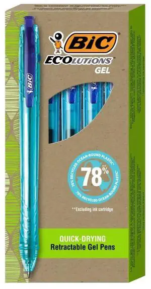 Bic Ecolutions 1mm Medium Retractable Gel Pen, Blue Ink 4/Pack RGLE4 BLU