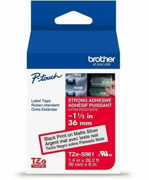 Brother Genuine P-touch TZeS961 BK on MATTE SLV Label Tape Strong Adhesive Lam. 36mmX8m TZES961G