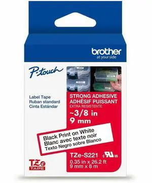 Brother Genuine P-touch TZeS221 BK on WHT Label Tape Strong Adhesive Lam. 9mmX8m TZES221G