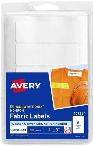 No-Iron Fabric Labels Handwrite Only 1 x 3 White 5/Sheet 10 Sheets/Pack 40725