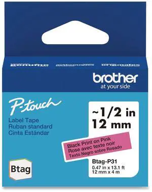 Genuine P-Touch BTAG Label Tapes 0.47" x 13.1 ft Black on Pink BTAGP31