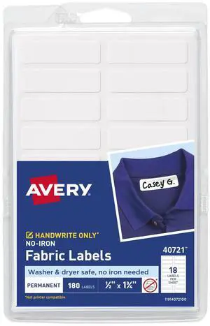 No-Iron Fabric Labels Handwrite Only 0.5 x 1.75 White 18/Sheet 10 Sheets/Pack 40721