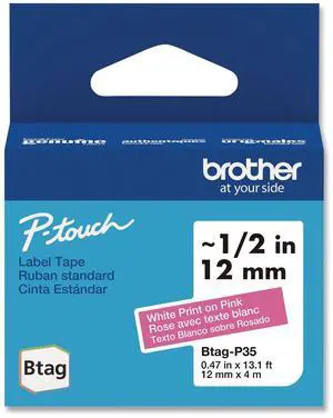 Genuine P-Touch BTAG Label Tapes 0.47" x 13.1 ft White on Pink BTAGP35