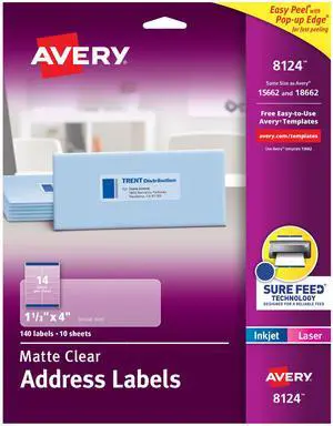 Matte Clear Address Labels with Sure Feed Technology Inkjet/Laser 1.33 x 4 14/Sheet 10 Sheets/Pack 08124