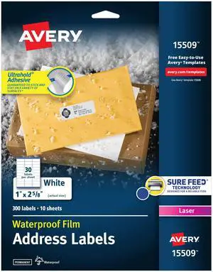 Waterproof Film Address Labels with Sure Feed Technology. Laser 1 x 2.63 White 30/Sheet 10 Sheets/Pack 15509