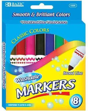 BAZIC 8 Colors Broad Line Jumbo Washable Markers, Case Pack of 24