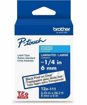 Brother Genuine P-Touch TZe Black Print on Clear Label Tape (TZe111), Laminated,1/4in x 26.2ft
