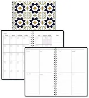 Recycled Non-Dated Monthly/Weekly Planner Flower Tiles Tan/Black/White Cover Undated 212145