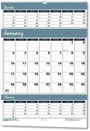 Bar Harbor Recycled Wirebound 3-Months-per-Page Wall Calendar 15.5 x 22 White/Blue/Gray 14-Month: Dec 2025 to Jan 2027 343 Bar Harbor Recycled Wirebound 3-Months-per-Page Wall Calendar 15.5 x 22 White/Blue/Gray 14-Month: Dec 2025 to Jan 2027 343