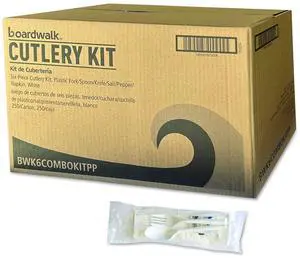 Six-Piece Cutlery Kit Mediumweight Fork/Knife/Napkin/Pepper/Salt/Spoon 5.86" Plastic White 250/Carton BWK6COMBOKITPP Six-Piece Cutlery Kit Mediumweight Fork/Knife/Napkin/Pepper/Salt/Spoon 5.86" Plastic White 250/Carton BWK6COMBOKITPP