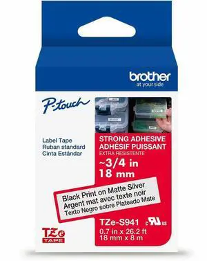 Brother Genuine P-touch TZeS941 BK on MATTE SLV Label Tape Strong Adhesive Lam. 18mmX8m Brother Genuine P-touch TZeS941 BK on MATTE SLV Label Tape Strong Adhesive Lam. 18mmX8m