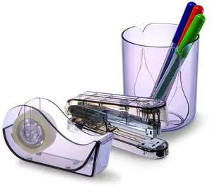 Recycled Plastic Three-Piece Desk Set: 1 Pencil Cup 1 Stapler 1 Tape Dispenser 1 Roll of Tape Translucent Ash 97712 Recycled Plastic Three-Piece Desk Set: 1 Pencil Cup 1 Stapler 1 Tape Dispenser 1 Roll of Tape Translucent Ash 97712