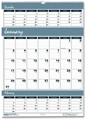 Bar Harbor Recycled Wirebound 3-Months-per-Page Wall Calendar 12 x 17 White/Blue/Gray 14-Month: Dec 2025 to Jan 2027 342 Bar Harbor Recycled Wirebound 3-Months-per-Page Wall Calendar 12 x 17 White/Blue/Gray 14-Month: Dec 2025 to Jan 2027 342