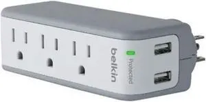 Belkin 3-Outlet SurgePlus Mini Travel Swivel Charger Surge Protector with Dual USB Ports (2.1 AMP / 10 Watt), BST300