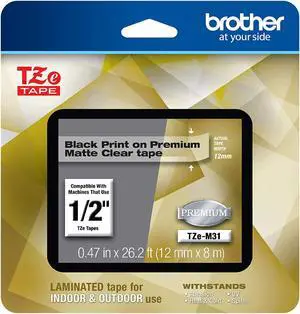 Brother TZeM31 Black Print on Premium Matte Clear Laminated Tape for P-touch Label Maker, 12.00 mm (0.47”) wide x 8.00 m (26.20 ft.) long