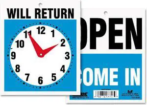 Headline Sign Double-Sided Open/Will Return Sign w/Clock Hands Plastic 7 1/2 x 9
