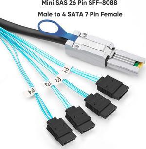 Mini SAS 26Pin SFF-8088 Male to 4 SATA 7Pin Female Cable, Mini SAS Host/Controller to 4 SATA Target/Backplane, 1M / 3.3FT