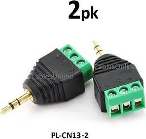 CablesOnline 3.5mm (1/8in) Stereo Male Plug to AV 3-Screw Terminal Block Balum Connector, (2-PACK)(PL-CN13-2)