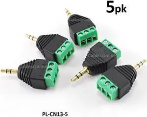 CablesOnline 3.5mm (1/8in) Stereo Male Plug to AV 3-Screw Terminal Block Balum Connector, (5-PACK)(PL-CN13-5)