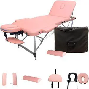 Pink 3-Section Aluminum 84" L Portable Massage Table Facial SPA Bed Tattoo w/Bolster Pillow