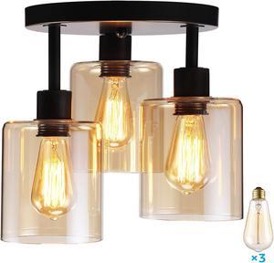 OmaiLighting 3-Light Semi Flush Mount Ceiling Light, Edison Bulbs Included, Oil-Rubbed Bronze Finish with Amber Glass, ETL Listed