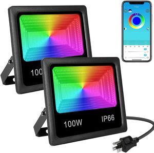 Led Flood Light Outdoor Color Changing Led Stage Landscape Lighting, RGB Bluetooth Smart Floodlights Outdoor APP Control,16 Million Colors,Timing,Music Sync, IP66 Waterproof US 3-Plug (2 Pack, 100W)