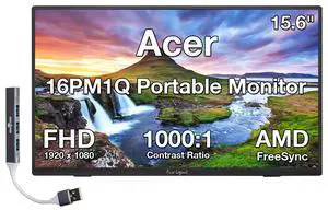 Acer 16PM1Q 15.6" FHD IPS Portable Monitor with 6ms Response Time, Anti-Glare, VESA Mount (100mm), AMD FreeSync, Mini HDMI & Dockztorm USB Port Expander, Black Color (UM.ZP1AA.J02) Acer 16PM1Q 15.6" FHD IPS Portable Monitor with 6ms Response Time, Anti-Glare, VESA Mount (100mm), AMD FreeSync, Mini HDMI & Dockztorm USB Port Expander, Black Color (UM.ZP1AA.J02)