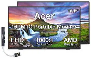 Acer 16PM1Q 15.6" FHD IPS Portable Monitor with 6ms Response Time, Anti-Glare, VESA Mount (100mm), AMD FreeSync, Mini HDMI & Dockztorm USB Port Expander, Black Color (UM.ZP1AA.J02) 2 Pack Acer 16PM1Q 15.6" FHD IPS Portable Monitor with 6ms Response Time, Anti-Glare, VESA Mount (100mm), AMD FreeSync, Mini HDMI & Dockztorm USB Port Expander, Black Color (UM.ZP1AA.J02) 2 Pack