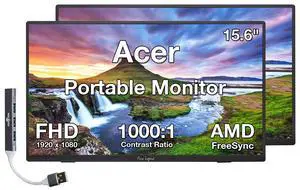 Acer 15.6" FHD IPS Portable Monitor with 6ms Response Time, Anti-Glare, 250 nits Brightness, VESA Mount (100mm), AMD FreeSync, Mini HDMI & Dockztorm USB Port Expander, Black Color 2 Pack Acer 15.6" FHD IPS Portable Monitor with 6ms Response Time, Anti-Glare, 250 nits Brightness, VESA Mount (100mm), AMD FreeSync, Mini HDMI & Dockztorm USB Port Expander, Black Color 2 Pack