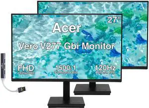 Acer Vero V277 Gbi 27" FHD IPS Monitor, 4ms Response Time, Anti-Glare, 120Hz Refresh Rate, VESA Mount (100mm), DisplayPort, VGA & Dockztorm USB Port Expander, Black (UM.HV7AA.G09) 2-Pack w/ HDMI cable Acer Vero V277 Gbi 27" FHD IPS Monitor, 4ms Response Time, Anti-Glare, 120Hz Refresh Rate, VESA Mount (100mm), DisplayPort, VGA & Dockztorm USB Port Expander, Black (UM.HV7AA.G09) 2-Pack w/ HDMI cable