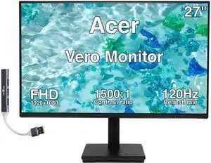 Acer Vero 27" FHD IPS Monitor, 4ms Response Time, Anti-Glare, 120Hz Refresh Rate, Built-in Speaker, VESA Mount (100mm), DisplayPort, VGA & Dockztorm USB Port Expander, Black w/ HDMI cable Acer Vero 27" FHD IPS Monitor, 4ms Response Time, Anti-Glare, 120Hz Refresh Rate, Built-in Speaker, VESA Mount (100mm), DisplayPort, VGA & Dockztorm USB Port Expander, Black w/ HDMI cable