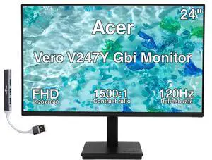 Acer Vero V247Y Gbi 24" FHD IPS Monitor, 4ms Response Time, Anti-Glare, 120Hz Refresh Rate, VESA Mount (100mm), DisplayPort, VGA & Dockztorm USB Port Expander, Black (UM.QV7AA.G07) w/HDMI cable Acer Vero V247Y Gbi 24" FHD IPS Monitor, 4ms Response Time, Anti-Glare, 120Hz Refresh Rate, VESA Mount (100mm), DisplayPort, VGA & Dockztorm USB Port Expander, Black (UM.QV7AA.G07) w/HDMI cable
