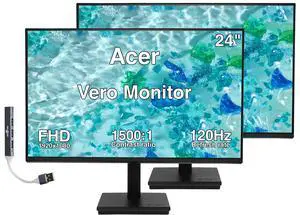 Acer Vero 24" FHD IPS Monitor, 4ms Response Time, Anti-Glare, 120Hz Refresh Rate, Built-in Speaker, VESA Mount (100mm), DisplayPort, VGA & Dockztorm USB Port Expander, Black 2Pack w/ HDMI cable Acer Vero 24" FHD IPS Monitor, 4ms Response Time, Anti-Glare, 120Hz Refresh Rate, Built-in Speaker, VESA Mount (100mm), DisplayPort, VGA & Dockztorm USB Port Expander, Black 2Pack w/ HDMI cable