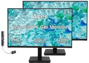 Acer Vero V247Y Gbi 24" FHD IPS Monitor, 4ms Response Time, Anti-Glare, 120Hz Refresh Rate, VESA Mount (100mm), DisplayPort, VGA & Dockztorm USB Port Expander, Black (UM.QV7AA.G07) 2Pack w/HDMI cable Acer Vero V247Y Gbi 24" FHD IPS Monitor, 4ms Response Time, Anti-Glare, 120Hz Refresh Rate, VESA Mount (100mm), DisplayPort, VGA & Dockztorm USB Port Expander, Black (UM.QV7AA.G07) 2Pack w/HDMI cable