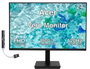 Acer Vero 24" FHD IPS Monitor, 4ms Response Time, Anti-Glare, 120Hz Refresh Rate, Built-in Speaker, VESA Mount (100mm), DisplayPort, VGA & Dockztorm USB Port Expander, Black w/ HDMI cable Acer Vero 24" FHD IPS Monitor, 4ms Response Time, Anti-Glare, 120Hz Refresh Rate, Built-in Speaker, VESA Mount (100mm), DisplayPort, VGA & Dockztorm USB Port Expander, Black w/ HDMI cable