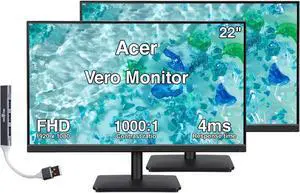 Acer Vero 22" FHD IPS Monitor with 4ms Response Time, Anti-Glare, 250 nits Brightness, VESA Mount (100mm), Built-In Speakers, HDMI, VGA & Dockztorm USB Port Expander, Black Color 2-Pack w/HDMI cable Acer Vero 22" FHD IPS Monitor with 4ms Response Time, Anti-Glare, 250 nits Brightness, VESA Mount (100mm), Built-In Speakers, HDMI, VGA & Dockztorm USB Port Expander, Black Color 2-Pack w/HDMI cable