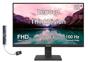 Lenovo ThinkVision 22" FHD IPS Monitor, 4ms Response Time, Anti-Glare, Flicker-Free, 100Hz Refresh Rate, VESA Mount (100 x 100 mm), VGA, HDMI & Dockztorm USB Port Expander, Black Color Lenovo ThinkVision 22" FHD IPS Monitor, 4ms Response Time, Anti-Glare, Flicker-Free, 100Hz Refresh Rate, VESA Mount (100 x 100 mm), VGA, HDMI & Dockztorm USB Port Expander, Black Color
