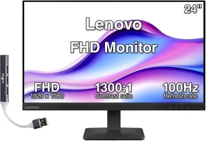 Lenovo 24" FHD IPS Monitor, 4ms Response Time, Anti-Glare, Flicker-Free, 100Hz Refresh Rate, 250 nits Brightness, VESA Mount (100 mm), VGA, HDMI & Dockztorm USB Port Expander, Black Color Lenovo 24" FHD IPS Monitor, 4ms Response Time, Anti-Glare, Flicker-Free, 100Hz Refresh Rate, 250 nits Brightness, VESA Mount (100 mm), VGA, HDMI & Dockztorm USB Port Expander, Black Color