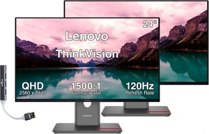 Lenovo ThinkVision 24" QHD IPS Monitor, 4ms Response Time, Anti-Glare, 120Hz Refresh Rate, VESA Mount (100mm), Tilt, Pivot, Swivel, DisplayPort, HDMI & DKZ USB Port Expander, Black 2-Pack Lenovo ThinkVision 24" QHD IPS Monitor, 4ms Response Time, Anti-Glare, 120Hz Refresh Rate, VESA Mount (100mm), Tilt, Pivot, Swivel, DisplayPort, HDMI & DKZ USB Port Expander, Black 2-Pack