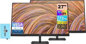 HP 27" FHD IPS (1920x1080) Monitor Bundle with Docztorm Dock, 75 Hz Refresh Rate, 1 HDMI 1.4, 1 Display Port 1.2, 1 VGA, Anti-Glare, Ideal for Office Work, Black (2023 Latest Model) (2 Pack)