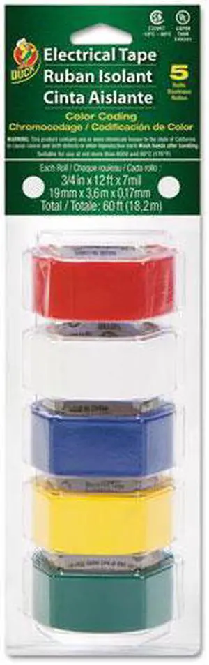 Electrical Tape, 3/4" x 12 ft, 1" Core, Assorted, 5/Pack DUC280303