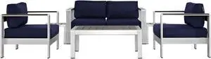 Shore 6 Piece Outdoor Patio Aluminum Sectional Sofa Set - Silver Navy